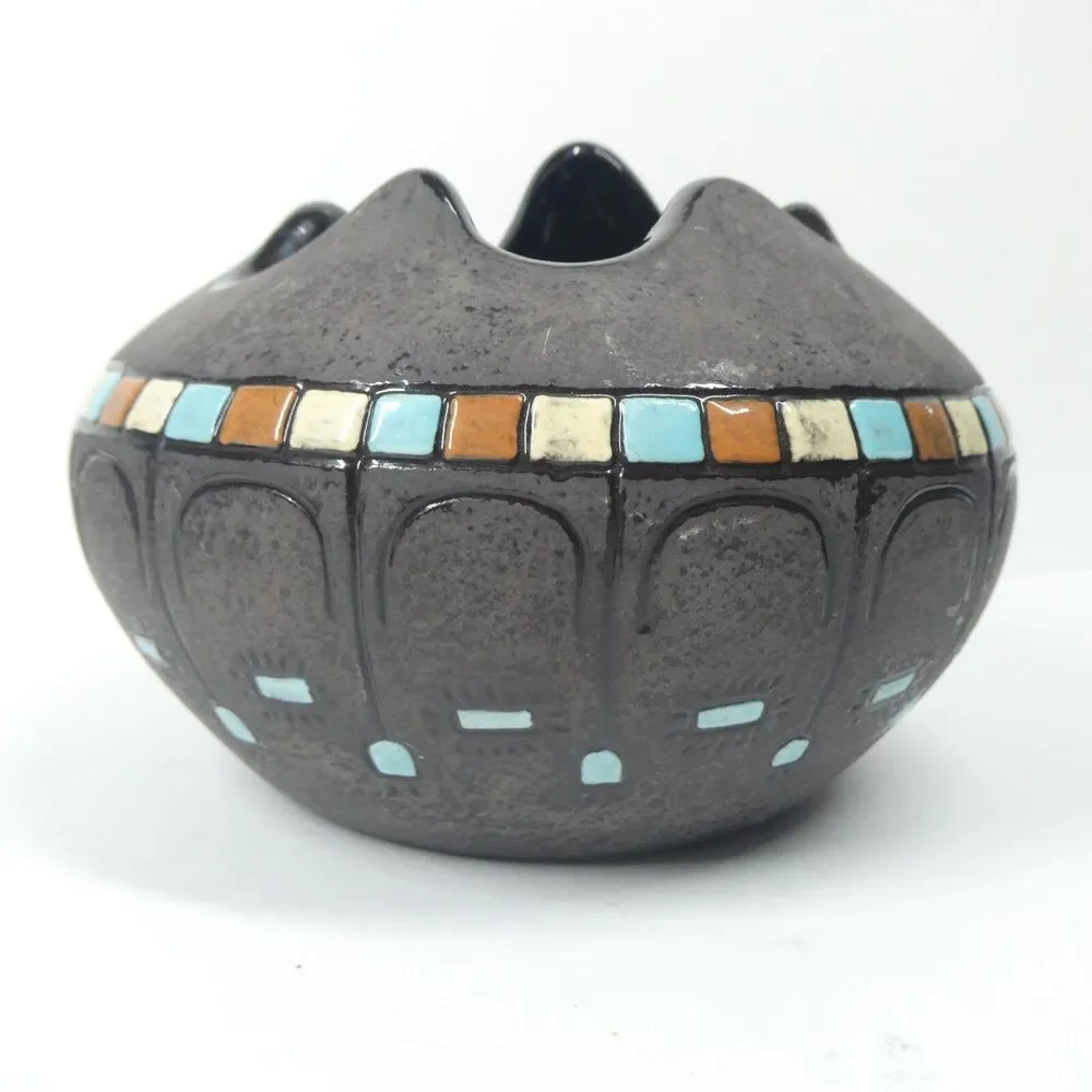 Black Ceramic Bowl Pot w/Blue Squares Geometric Signed Vtg MCM Blackware Native?